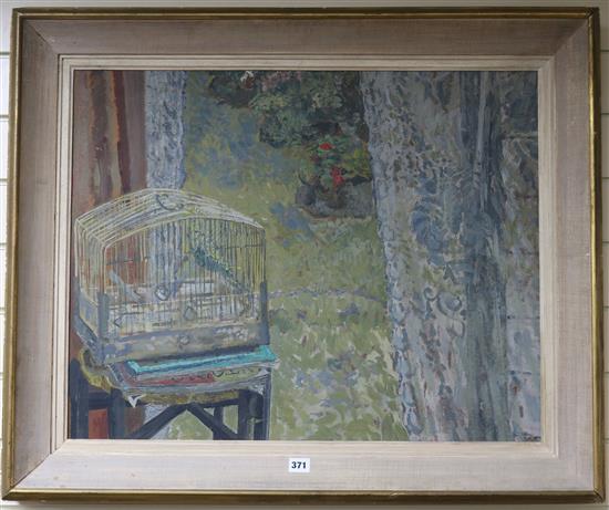 Yvonne Maxwell Miles RA (1959-), oil on board, interior with birdcage, 22 x 28in., and Houses viewed from the canal, 24 x 35in.